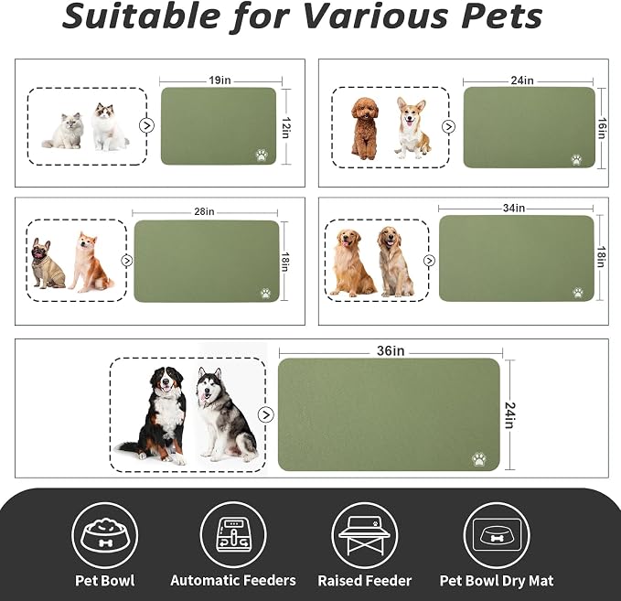 HotLive Dog Food Mat - Absorbent Cat Mat for Food and Water, No Stains Pet Feeding Bowl Mat, Easy to Clean Pet Placemats, Quick Dry Dog Water Dispenser Mat for Messy Drinkers | Paw Green 16"x 24"