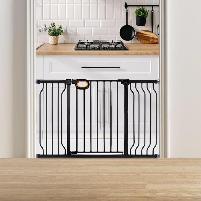 owlie Baby Gate for Stairs 29-52 Inch Wide, Safety Gate for Baby Adjustable Pet Gate with Door Pressure Mounted Gates for Kids Toddler Dogs Extension Kit Indoor Stairway Doorway Black (30.5'' Tall)