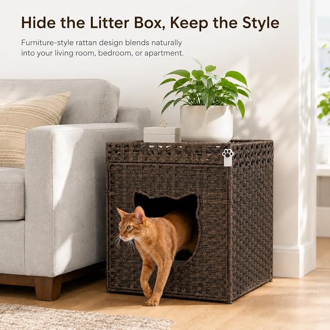 Handwoven Rattan Cat Litter Box Enclosure for Large Litter Boxes, Includes 1 Litter Mat & 2 S-Hook Attachments, Furniture-Grade Hidden House for Living Room, Bedroom, 24.6"x24"x19.88" Brown