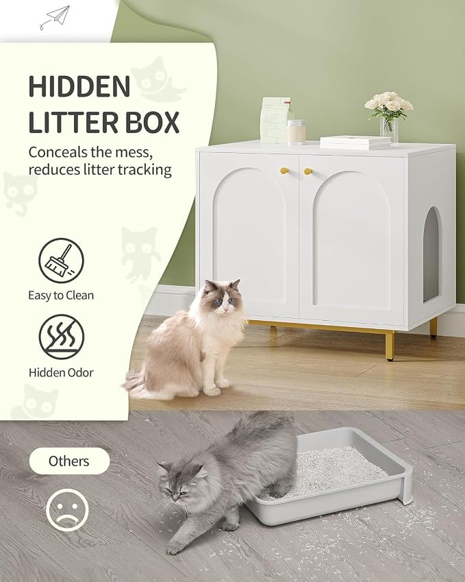 Hzuaneri Cat Litter Box Enclosure, Hidden Litter Box Furniture Cabinet, Wooden Indoor Cat House, Side End Table, Living Room, Bedroom, White and Gold CB85003G