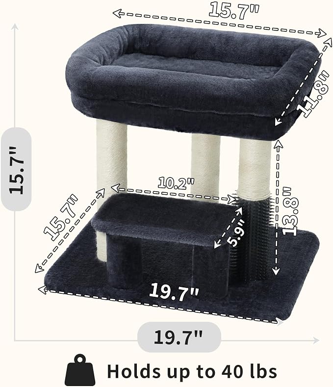 Heybly Cat Scratching Post, Small Cat Tree Tower with 3 Full Sisal Posts, Removable Plush Bed, Grooming Brush, Stable & Space-Saving Cat Furniture with Gentle Step for Indoor Cats, Smoky Gray HSP001SG