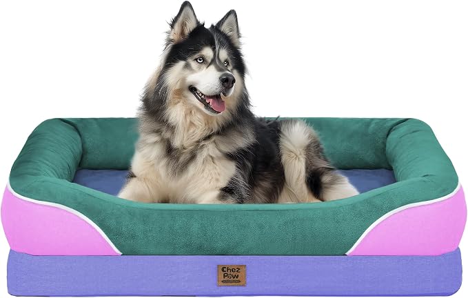 Chez Paw XXL Orthopedic Dog Bed for Extra Large Dogs, Extra Thick Egg-Crate Foam Waterproof Pet Couch with Removable Washable Cover, 4-Sided Bolster & Non-Slip Bottom, Sage Lavender 45"x35"x7.5"
