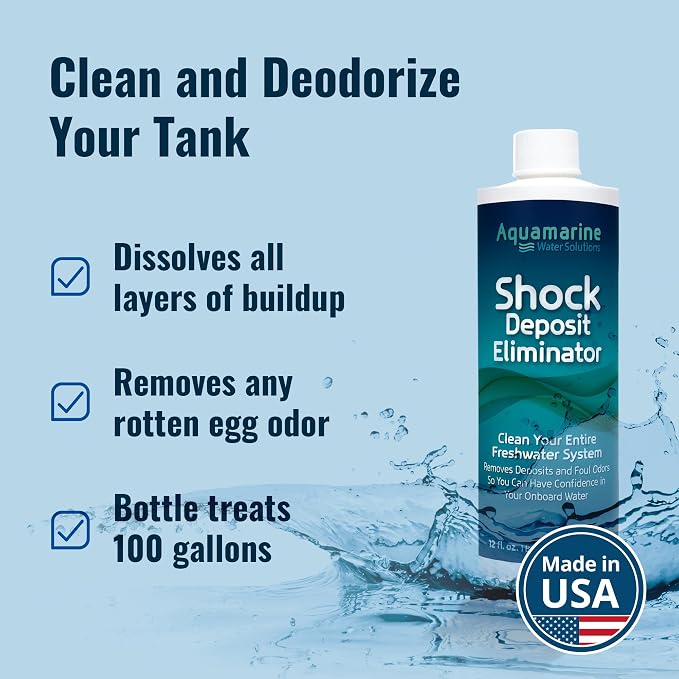 Aquamarine Water Solutions – Shock RV & Boat Water Tank Deep Cleaner and Deodorizer – Treats, Maintains Boat, RV & Household Fresh Water Systems – Ideal for Use Following Seasonal Storage – 12 Fl Oz