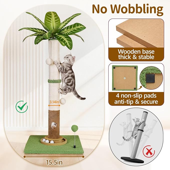 Cat Scratching Post Tall Vertical for Indoor Cats, 35" Palm Tree Leaves Sisal Pole for Large Cats Kittens, Heavy Duty Wooden Carpet Pole with Interactive Track Balls, Furniture Protection