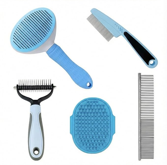 Loving PETS 6-in-1 Dog Grooming Kit - Self Cleaning Slicker Brush, Dematting Rake, Steel Comb, Flea Comb & Bath Brush - Professional Pet Grooming Set with Storage Bag for Dogs & Cats (Blue)