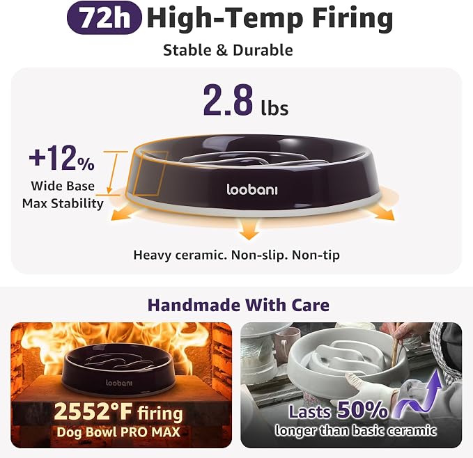 LOOBANI Slow Feeder Dog Bowls - 3.5 Cups Ceramic Slow Feeder Dog Bowls for Large Dogs, Slow Feeding Easy-Grip Handles, Perfect for Fast Eaters Goldens, Labradors & Huskies (L, Purple)