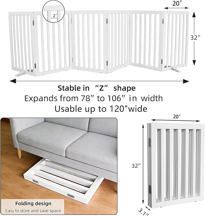 ZJSF Freestanding Indoor Dog Gate for House Foldable Wood White Puppy Gate for Doorways Pet Gate for Stairs Extra Wide Pet Fence 32" Height 6 Panels