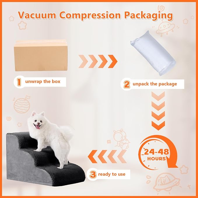 Dog Stairs Ramp, Curved 3-Step Dog Steps for Small Dogs and Cats, Pet Stairs for High Beds and Couch with Anti-Slip Washable Cover and Durable High Density Foam, Dark Grey