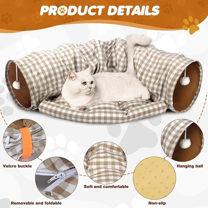 Spardar Bunny Tunnel Bed, 2-in-1 Collapsible Tunnel Tubes Toys, Washable, with Removable Mat Hideout, Interactive Toys for Rabbits Chinchilla Hedgehog Guinea Pigs Kitty, Checkered