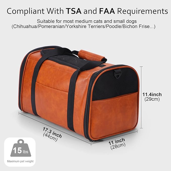 Lasaviin Fashion Leather Dog Carrier Cat Carrier Airline Approved Pet Carrier for Small Medium Dogs Cats Under 15Lbs, Collapsible Soft Sided Travel Puppy Carrier Brown