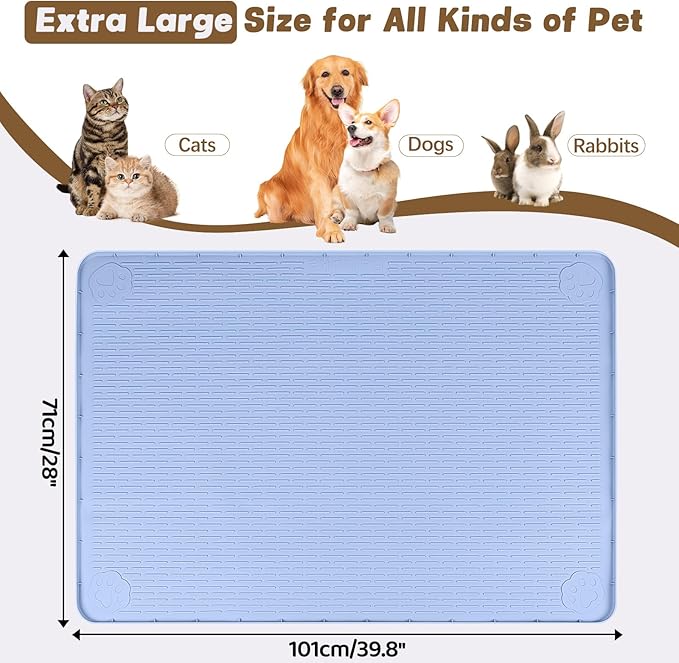 Cat Food Mat, 40" x 28" Cat Litter Mat Extra Large Silicone Pet Feeding Mat with Raised Edge Pet Placemat for Food and Water Bowl Non-Slip, Easy to Clean, Floor Protection (Blue)