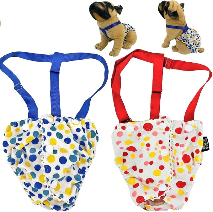 Female Dog Diaper with Suspenders Cotton Reusable Washable for Small Dog Breeds (Pack of 2 Colors, Small: Waist 10" - 13")
