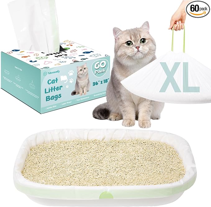 60 Count Litter Box Liners, 36" x 18" Jumbo Size Cat Litter Bags, Thick Large Kitty Litter Liner XL, Easy Clean Up Litter Pan Liners, Pet Cat Supplies