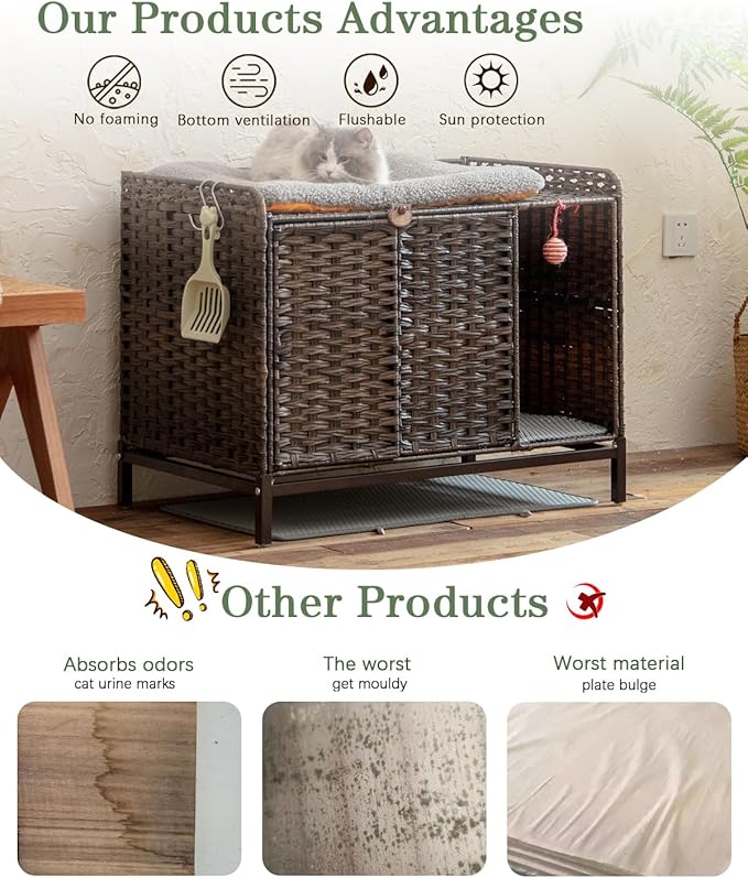 SETVSON Cat Litter Box Enclosure Furniture with Divider, Handwoven Rattan Litter Box with Mat, 31.2 x 19.6 x 24.2 Inches, Metal Heightened Feet, Hidden Cat House for Living Room, Bedroom (Brown)