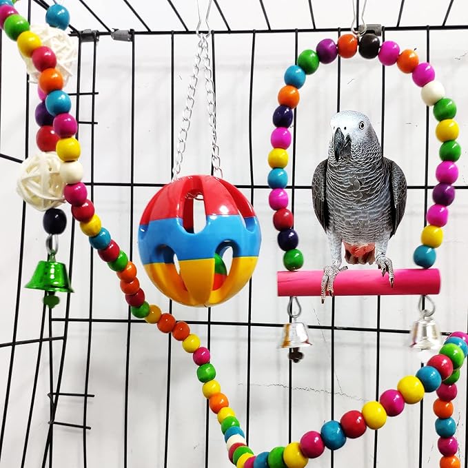 Hamiledyi No Mess Bird Cage Feeder 2Pack Automatic Parrot Seed Feeders with Perch Acrylic and Bird Parrot Swing Chewing Toy Set 15PCS Colorful Pet Birds Cage Toys for Small Parakeet Cockatiel Conures