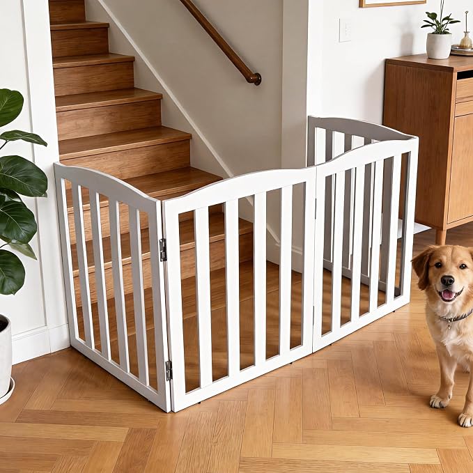 Freestanding Dog Gate Indoor,Doggie Gate Foldable Pet Gates for Doorways,Stairs or Hallways, Wooden White Pet Gate for the House, Pet Fence,32 "Height-2 Panels