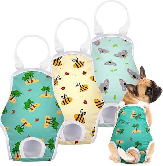 Jollywoods 3 Pack Washable Female Dog Diaper Onesie Sanitary Pantie with Adjustable Suspender, Reusable Fixed Doggie Diapers, Super Absorbent Leakproof for Small Medium Large Dog in Heat Cycle XL