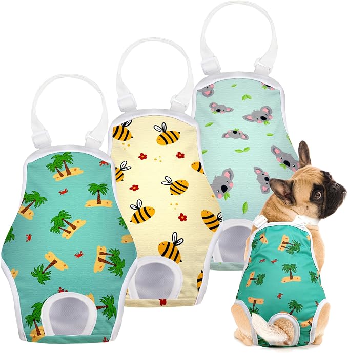 Jollywoods 3 Pack Washable Female Dog Diaper Onesie Sanitary Pantie with Adjustable Suspender, Reusable Fixed Doggie Diapers, Super Absorbent Leakproof for Small Medium Large Dog in Heat Cycle M