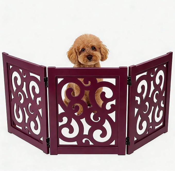 Ashfield & Harkness: 3-Panel Pet Gate - Scroll Mahogany - Wooden Foldable Freestanding Fence, Small Dogs & Puppy, 48 x 19.3, Doorway-Halls-Stairs