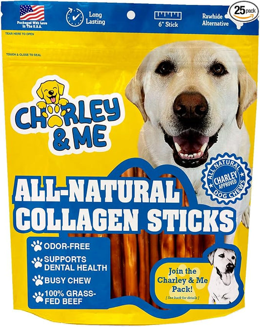 CHARLEY & ME Premium Collagen Sticks for Dogs - Long Lasting Dog Treats, Free Dog Chew Sticks - Hip & Joint Support, Healthy Skin, Shiny Coat - 100% Natural Beef - 6 Inches (Pack of 25)
