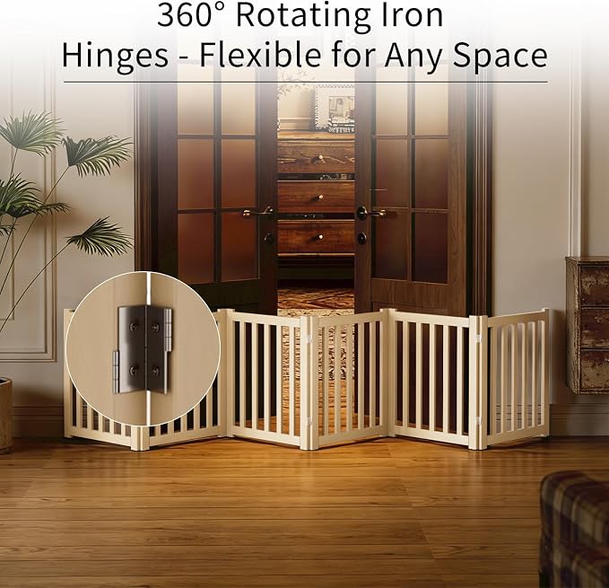 6-Panel Solid Wood Dog Gate - Freestanding Folding Pet Gate for Doorways, Stairs, Indoor, 24" Height, No Installation Needed, Natural Wood
