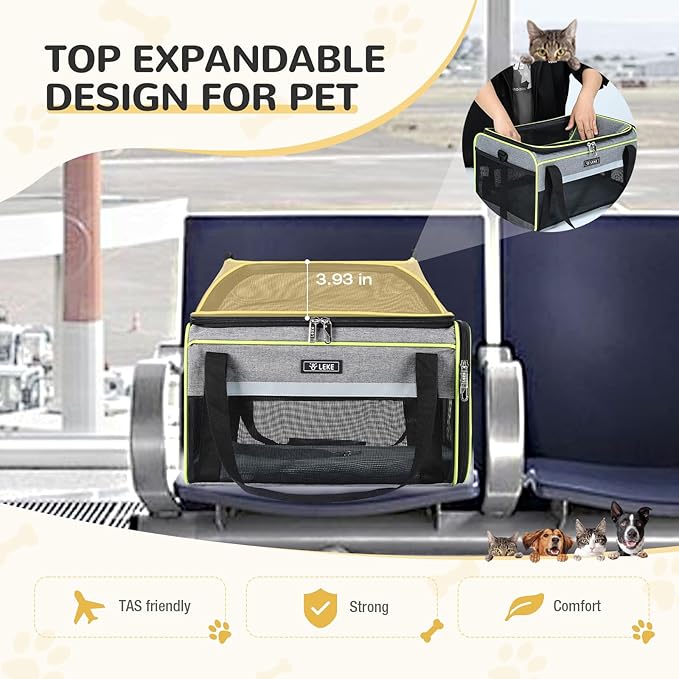 Lekereise Top-Expandable Pet Carrier 17x11x9.5 Inch Alaska Hawaiian Airline Approved Soft Sided Underseat to 12lbs Travel Carriers for Small Dogs and Cats with Locking Safety Zippers Anti-Scratch Mesh