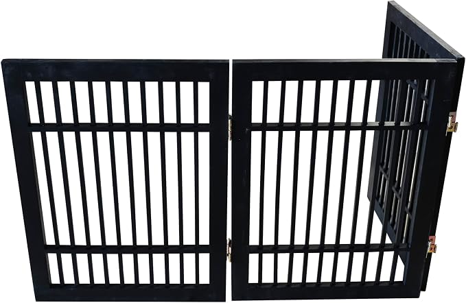 Urnporium Freestanding Wooden Dog Gate – Folding Acacia Hardwood Pet Barrier with 2-Way Hinges, Portable Indoor Outdoor Puppy Safety Fence for Doorways, Hallways (Black Pet Gate, 3 Panel 24" Tall)