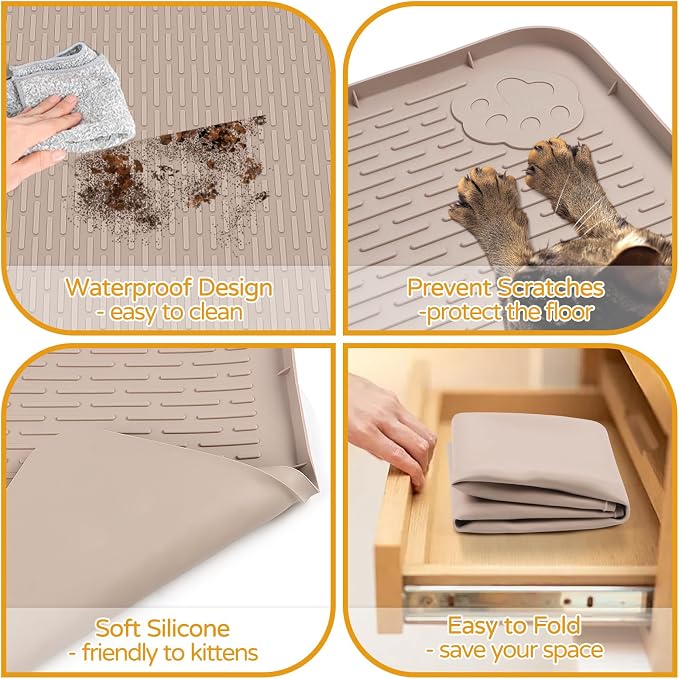 Cat Food Mat, 40" x 28" Large Silicone Mat Cat Feeding Mat with Raised Edge Non-Slip Pet Feeding Mat for Food and Water Bowl, Easy to Clean, Floor Protection (Khaki)