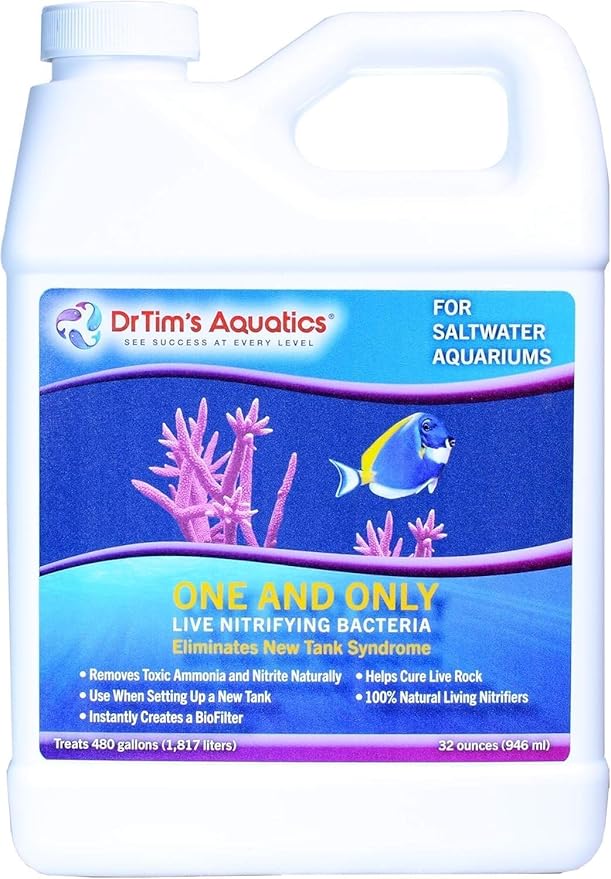 Dr. Tim’s Aquatics Saltwater One & Only Nitrifying Bacteria – For New Fish Tanks, Aquariums, Water Filtering, Disease Treatment – H20 Pure Fish Tank Cleaner – Removes Toxins – 32 Oz.