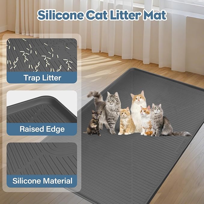 Lorvain Cat Litter Mats,45" x 30" Extra Large Silicone Cat Mat for Litter Box,Easy to Clean Kitty Litter Trapping Mat, Soft on Kitty Paws, Waterproof, Urine-Proof Kitty Litter Mats for Floor,Dark Grey