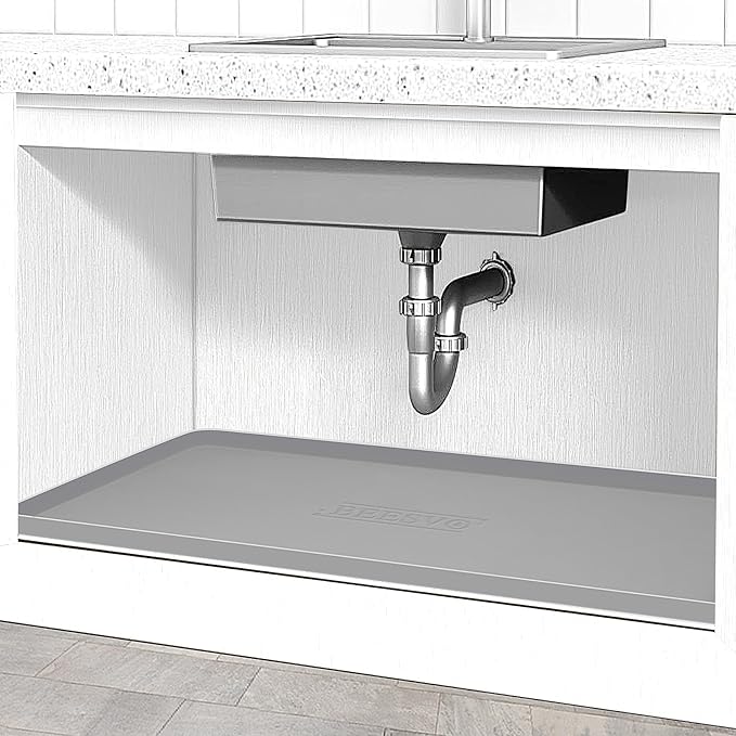 BEESVO Under Sink Mat for Kitchen Waterproof, 34" x 19" Silicone Under Sink Liner Kitchen & Bathroom Cabinet Protector Mats, Heavy Duty Flexible Under Sink Drip Tray with Lip, Cool Grey