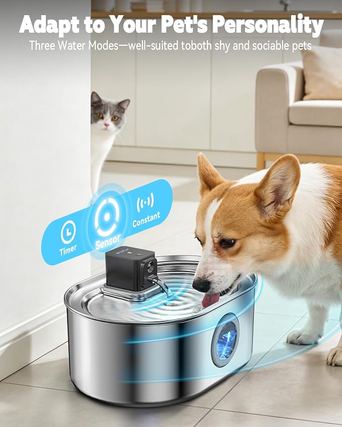 Wireless Dog Water Fountain, 8L/2.1Gal Battery Operated Dog Water Bowl Dispenser, Cordless Stainless Steel Pet Water Fountain with 3 Motion Sensor for Multi-Pets, Easy Setup