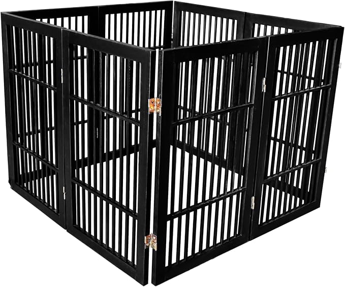 Urnporium Pet Dog Gate Freestanding, Strong Durable Folding Wooden Fence, Portable Acacia Hardwood Safety Barrier for Indoor & Outdoor Use (Black Pet Gate, 8 Panel 30" Tall)