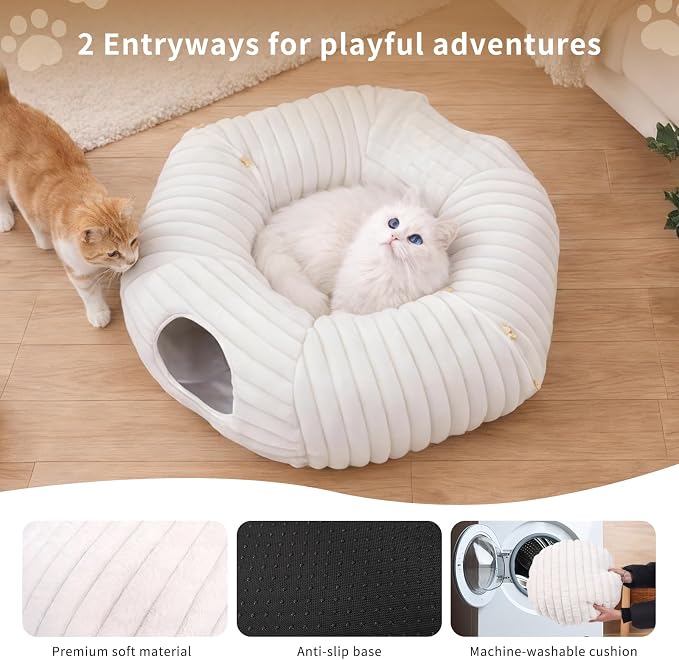 Cat Tunnel Bed Cave - Soft Washable Cushion for Indoor Cats, Peekaboo Hideaway Cave for Indoor Cats, Kittens, Puppies, Rabbits, Luxurious Striped Hare-Feel Fabric, Tunnels for Indoor Cats Large(White)
