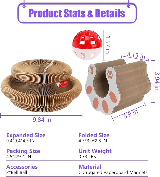 2-Pack Kitty kurls cat Scratcher – Foldable Magic Organ Cat Play Toy with Reversible Corrugated Pads & Bell Ball Interactive Board for Indoor Cats