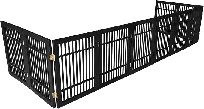 Urnporium Pet Dog Gate Freestanding, Strong Durable Folding Wooden Fence, Portable Acacia Hardwood Safety Barrier for Indoor & Outdoor Use (Black Pet Gate, 10 Panel 24" Tall)