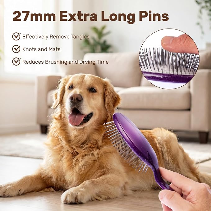 Slicker Brush for Dogs, Professional Pet Grooming Brush, 27mm Oval Stainless Steel Pin, Sparkle Glitter Handle, Anti-Static Round-Tipped Pins, Gentle Massage & Shedding Comb for Long Haired Dogs