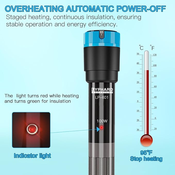 LYPHARD AQUARIUMS Aquarium Heater, 100W Submersible Fish Tank Heater with Precision Adjust Knob Thermostat and Suction Cup Suitable for Saltwater and Freshwater