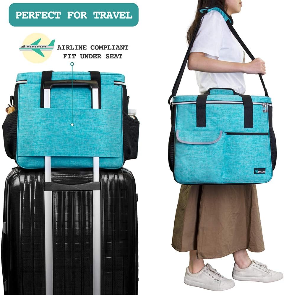 PetAmi Travel Bag Organizer - Dog & Cat Diaper Bag with Food Container and Bowls, Perfect for Weekend Camping (Sea Blue, Large)