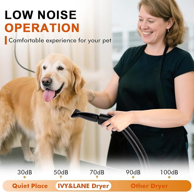 IVY&LANE Dog Dryer for Grooming,High Velocity Dog Hair Dryer Force Blower with 4 Nozzles,Adjustable Speed Pet Blow Dryer,Noise Reduction,Heat Insulation,White