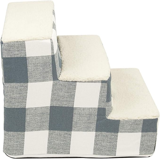 Majestic Pet 3 Step Portable Dog Stairs for Small Dogs to get on Bed Supports 250 lbs or Less – Dog Steps for High Bed with Machine Washable Cover –Pet Stairs for Cats Anderson Check Gunmetal Blue