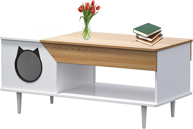 Coffee Tables with with Storage 45-Inch,Farmhouse Coffee Table with Cat House, Modern Center Table Cat Furniture Condo with Hidden Compartment for Living Room