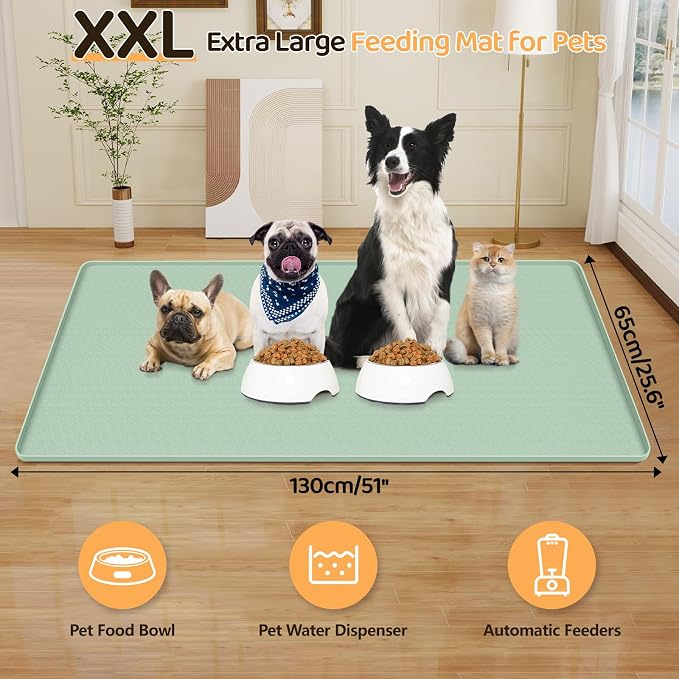 Dog Food Mat, Extra Large 51" x 25.6" Silicone Pet Feeding Mat with Raised Edge Pet Placemat for Small, Medium, and Large Pets Non-Slip, Easy to Clean (Green)
