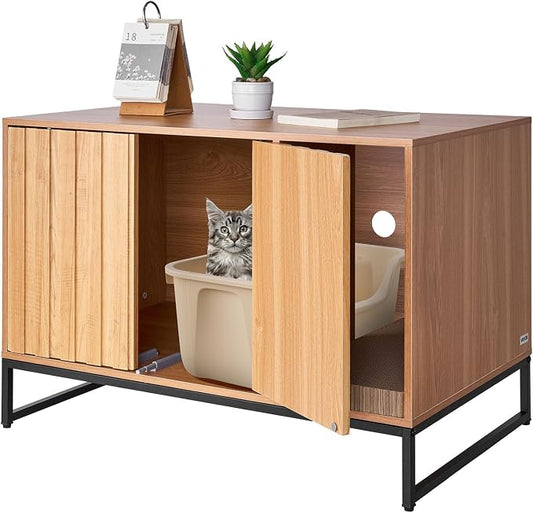 VEVOR Cat Litter Box Enclosure Furniture, 31.5 in Hidden Litter Box Cabinet with Scratch Pad & Storage, Waterproof Cat Washroom End Table Cat House, Fit Most of Litterbox, for Bedroom Living Room