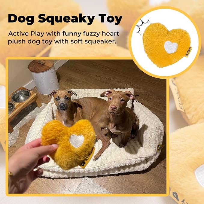 FUNNY FUZZY Dog Toy, Heart Plush Squeaky Dog Toy for Puppy Cats with Soft Squeaker, Fun for Indoor Puppies and Kitten, Pet Toy for Small Medium Large Breeds, Yellow,2 Pack