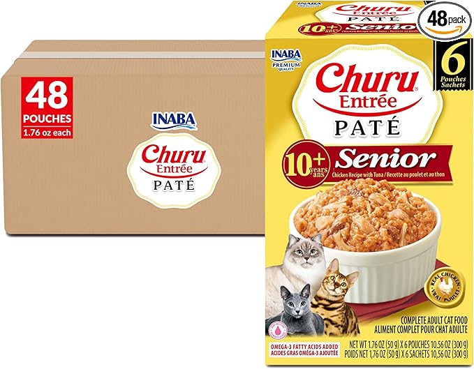 INABA Churu Entrée Pate for Senior Cats, High Protein & Moisture, Prebiotic Wet Cat Food, 1.76oz. per Serving, 48 Pouches, Chicken Recipe with Tuna