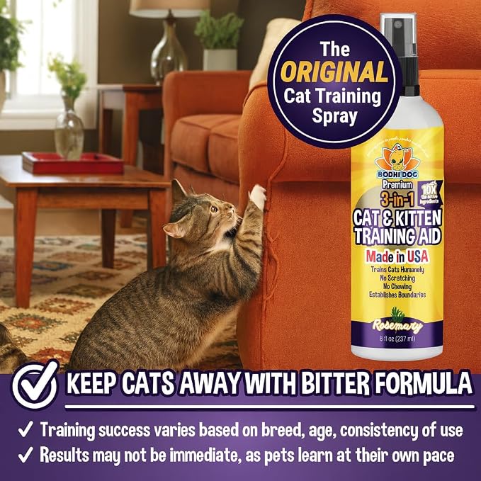 Bodhi 3-in-1 Cat & Kitten Training Aid - Cat Deterrent Spray for Indoor and Outdoor Use - Repellent to Establish Boundaries, Keep Cats Off Furniture, Protect Rugs & Plants - Made in USA (8 Fl Oz)
