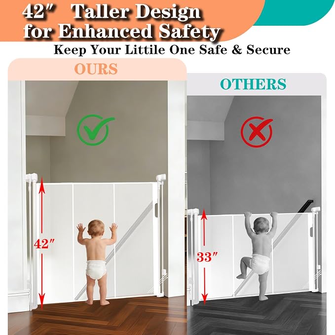 80" Wide Retractable Baby Gate for Stairs, 42" Extra Tall Retractable Dog Pet Gate with Support Rods, Mesh Screen Child Safety Gate for Doorways Hallways Deck Porch, Outdoor Indoor Use