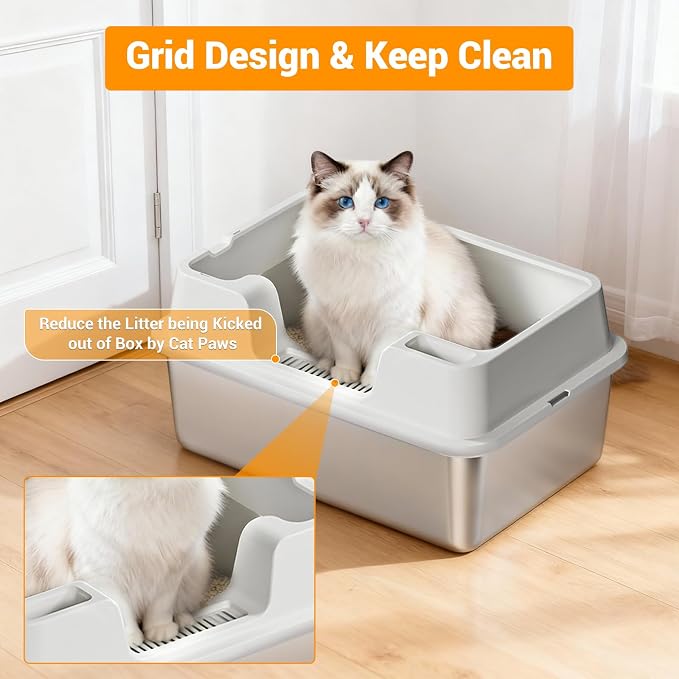 24.6 Inch Large Cat Litter Box, Semi-Enclosed Stainless Steel & PP Pan with High Sides for Anti-Leakage, Flip-Top Lid & Scoop Included for Large Cats-Beige