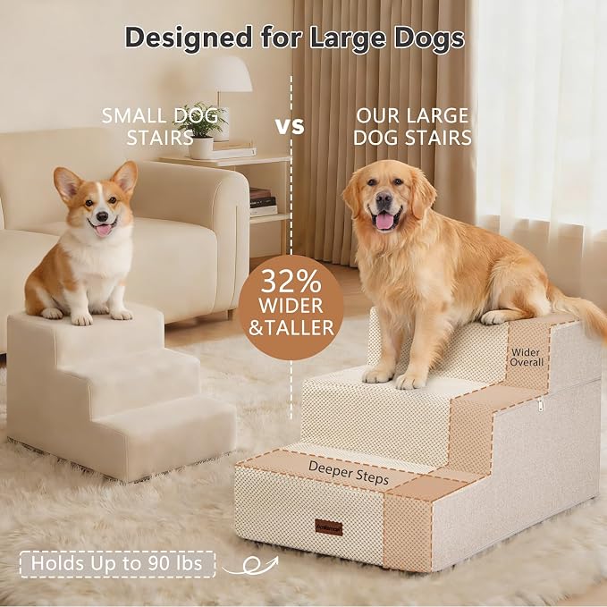 AODISMAN Dog Stairs for Large Dogs 18" H, Extra Wide Dog Steps for High Beds & Couches, 20" Wide Deep Steps, Non-Slip Dogs Ramp, 3-Step Pet Stairs, Beige